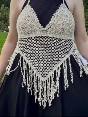 Rue21 Cream Crochet Fringe Halter Top
